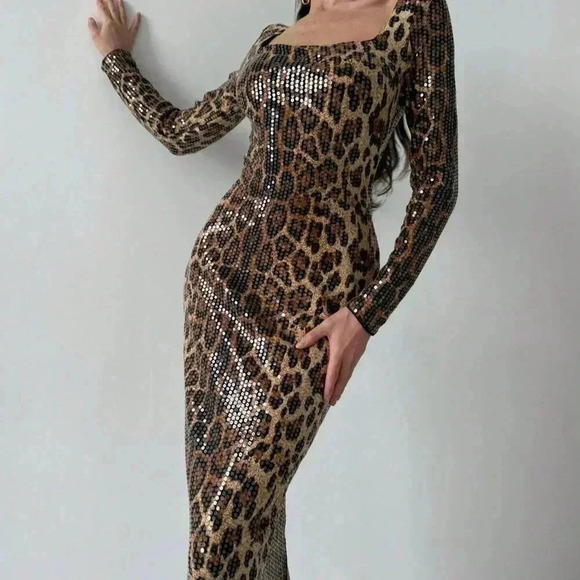 Brown Elegant Women's Sexy Sequin Leopard Print Square Neck Cocktail Dress - Picture 3 of 8